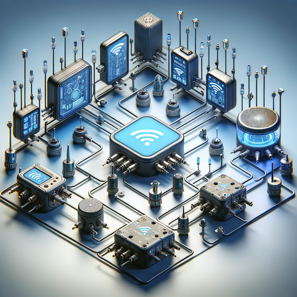 Imagem de componentes de automação industrial conectados por tecnologia IoT, destacando sensores, controladores e dispositivos inteligentes em um sistema integrado de automação.