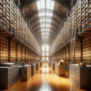 Biblioteca antiga com estantes altas cheias de livros e iluminação natural, destacando a importância da automação na preservação e gestão de acervos históricos.