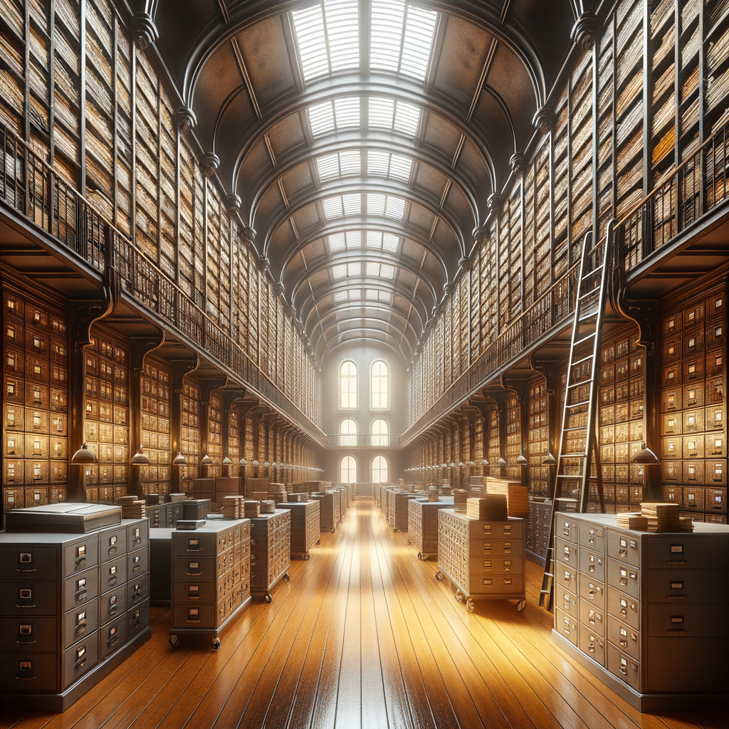 Biblioteca antiga com estantes altas cheias de livros e iluminação natural, destacando a importância da automação na preservação e gestão de acervos históricos.