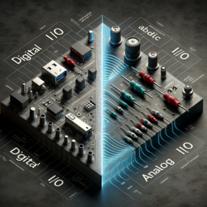 Placa de circuito eletrônico com componentes digitais e analógicos, destacando automação industrial e controle de sinais para processos industriais eficientes.