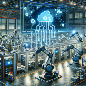 Robôs industriais operando em uma linha de produção automatizada com tecnologia de automação e computação em nuvem, destacando inovação em automação industrial.
