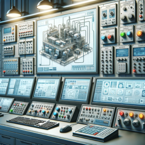 Painel de controle de automação industrial com diversos instrumentos, telas e controles para monitoramento e gestão de processos industriais.