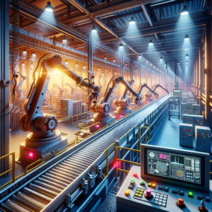 Imagem de robôs industriais automatizando a produção em uma fábrica moderna, destacando a automação industrial e eficiência na manufatura.
