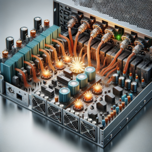 Placa de automação industrial com componentes eletrônicos, incluindo circuitos integrados, resistores, capacitores e cabos conectados, destacando a tecnologia de automação industrial para otimização d.