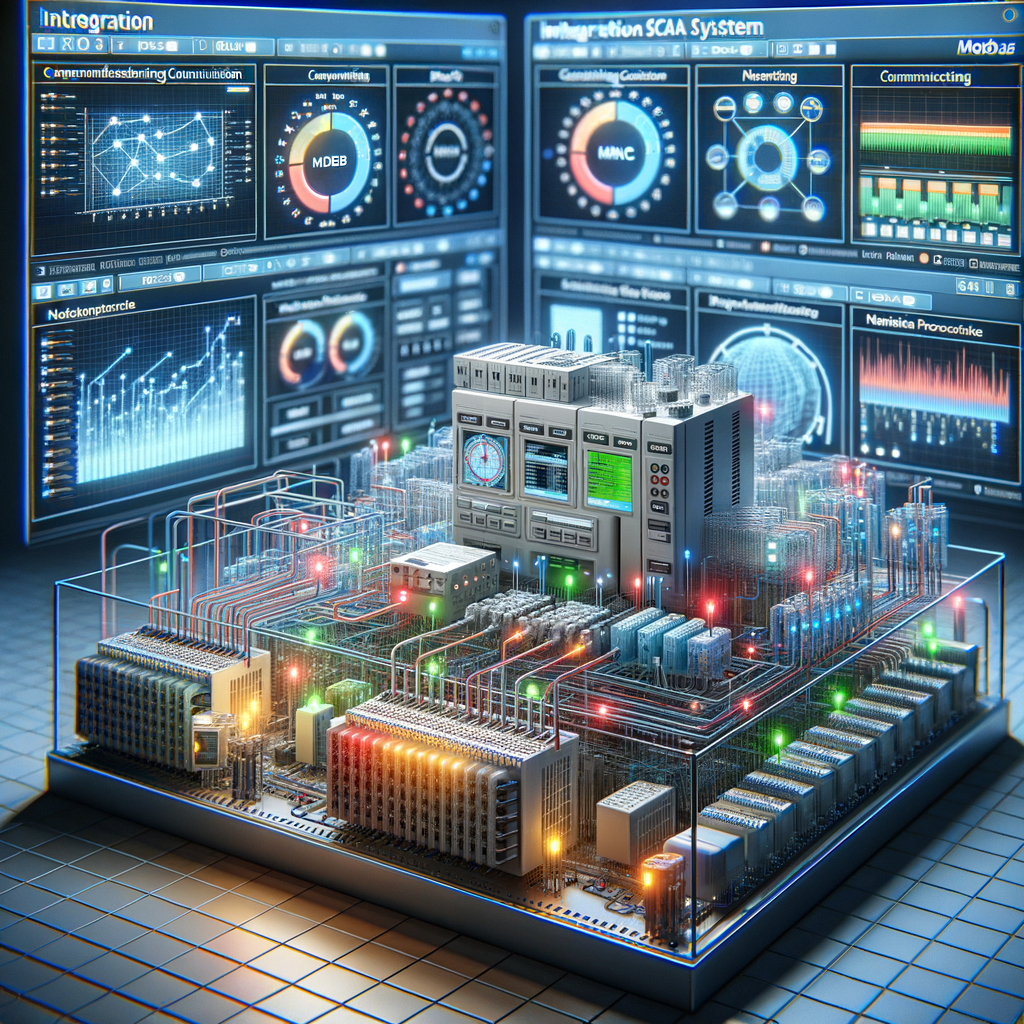 Imagem de um sistema de automação industrial com controladores, sensores e telas de monitoramento em um ambiente de fábrica inteligente.