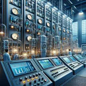 Automação industrial com painéis de controle, sensores e sistemas de monitoramento em uma fábrica moderna.