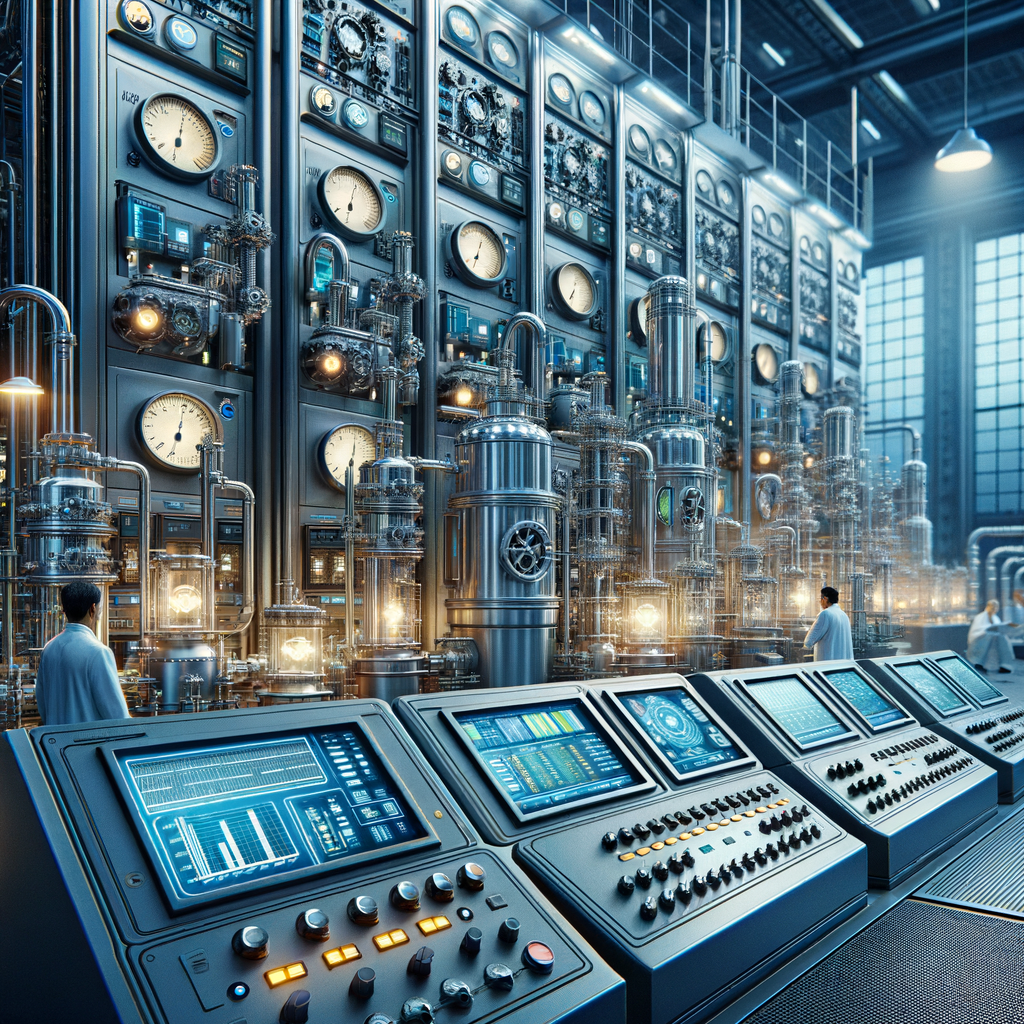 Automação industrial com painéis de controle, sensores e sistemas de monitoramento em uma fábrica moderna.