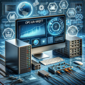 Equipamentos de automação industrial conectados a servidores e monitoramento digital.