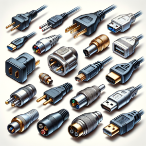 Conjunto de cabos de conexão para automação industrial, incluindo USB, HDMI, Ethernet, VGA, áudio e power, essenciais para sistemas de automação e controle industrial.